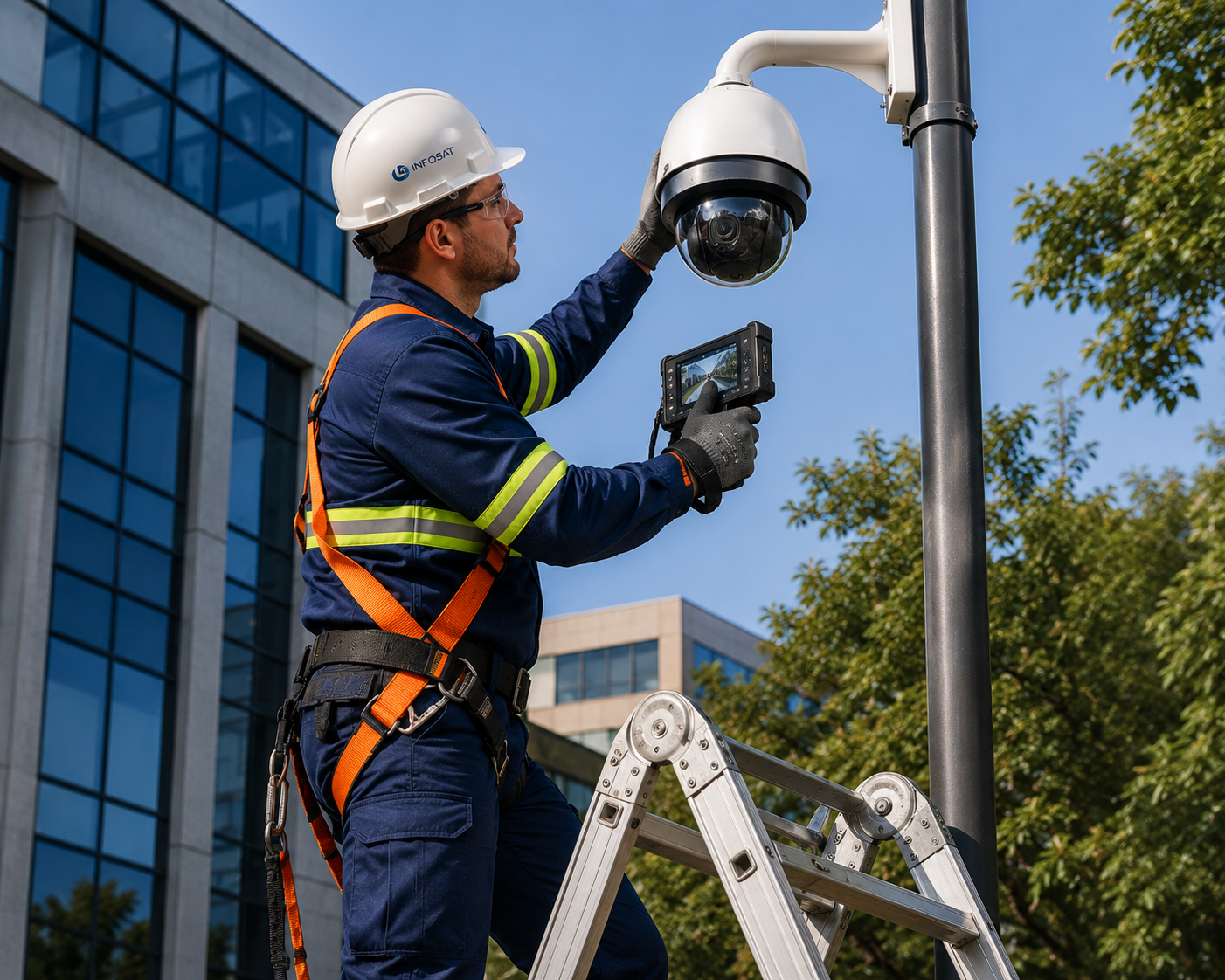 Técnico Infosat montando câmera de segurança