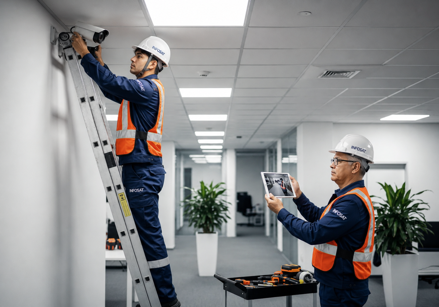 Técnicos Infosat instalando câmera em ambiente corporativo
